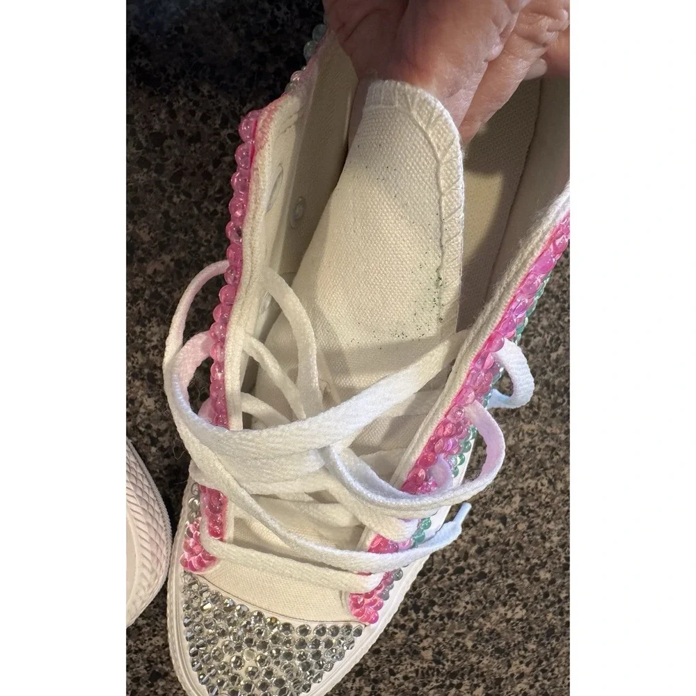 Custom Converse All Star Bling Embellished Sneakers Womens 7.5 Pink Green Wicked